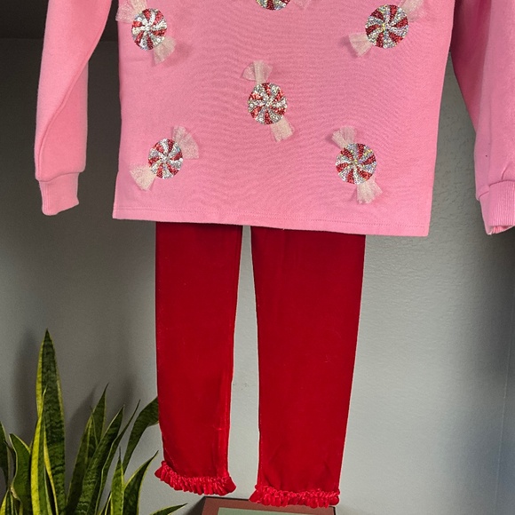 Mud Pie Peppermint Candy Velour Legging 2Pc Set Christmas Party Pink Red 4T-5T - Picture 4 of 9